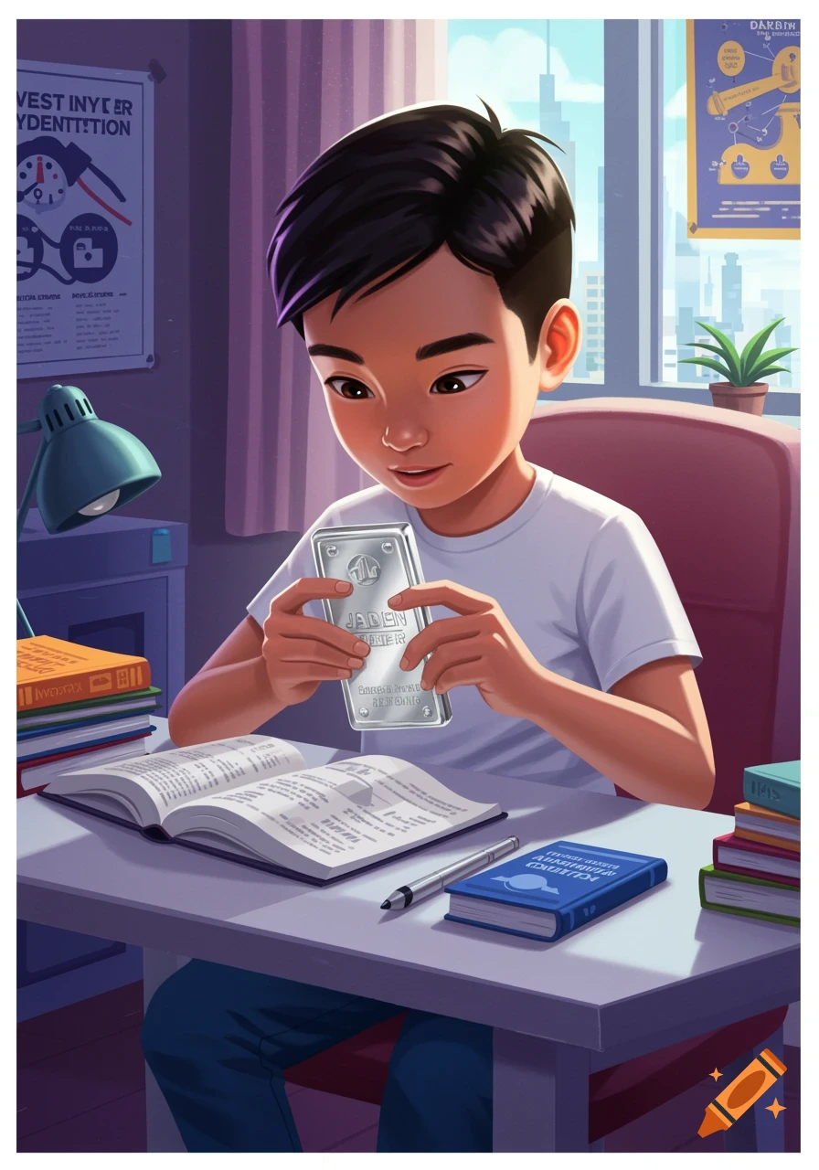 A young boy sits at a desk with books, holding a silver bar, in a colorful illustration.