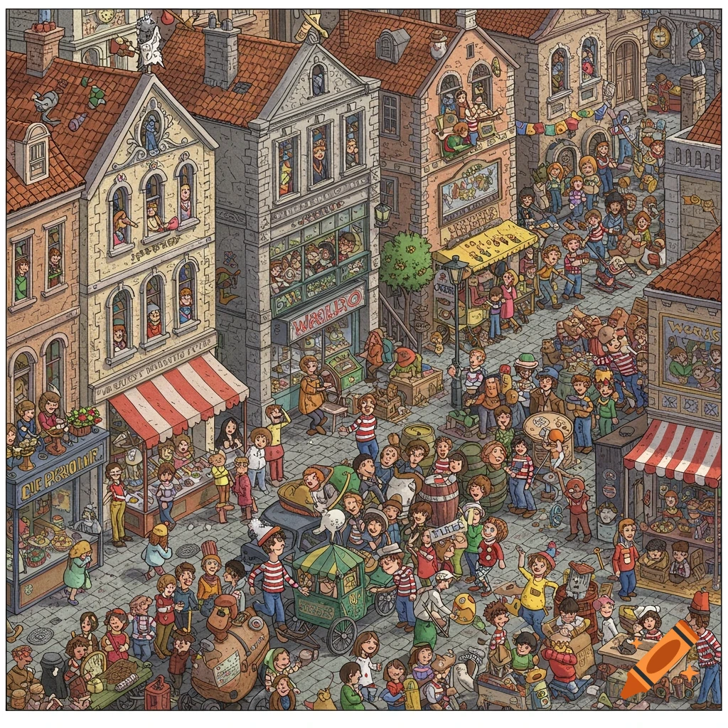 Detailed illustration of a crowded town street with many people in the style of Where's Waldo.