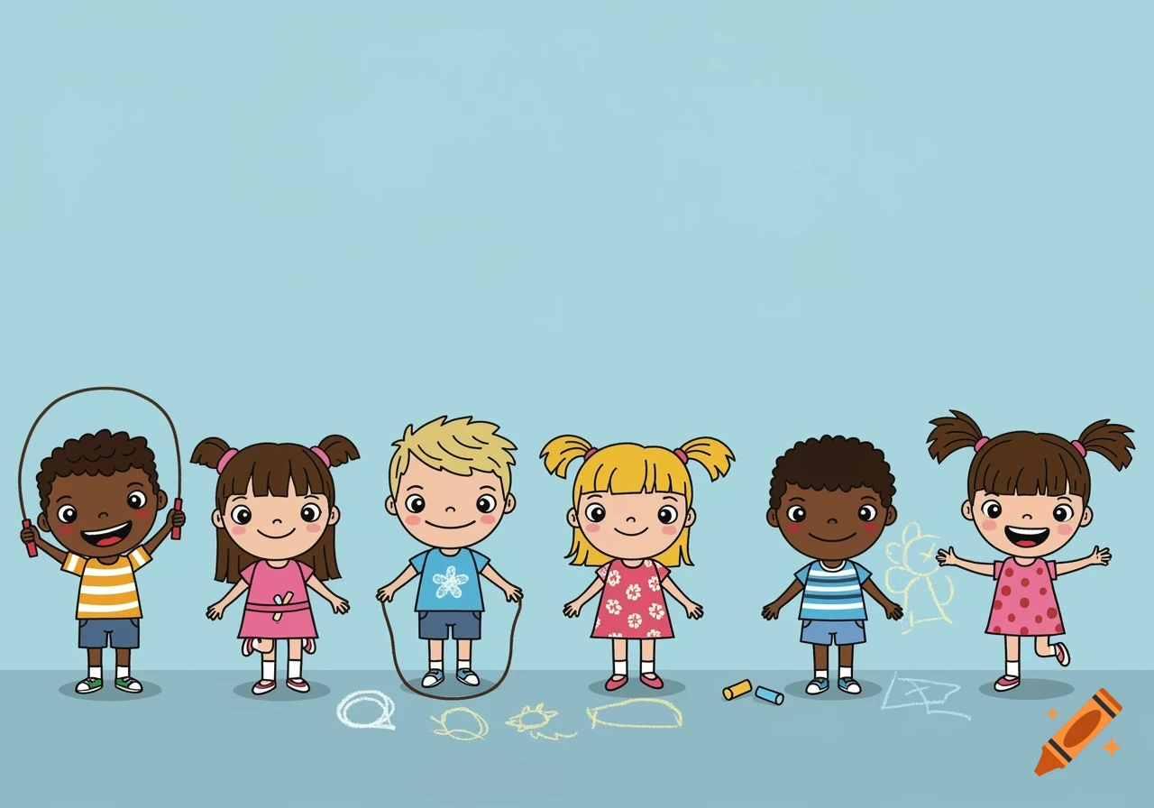 Vector illustration of cartoon children skipping rope and playing with chalk drawings.