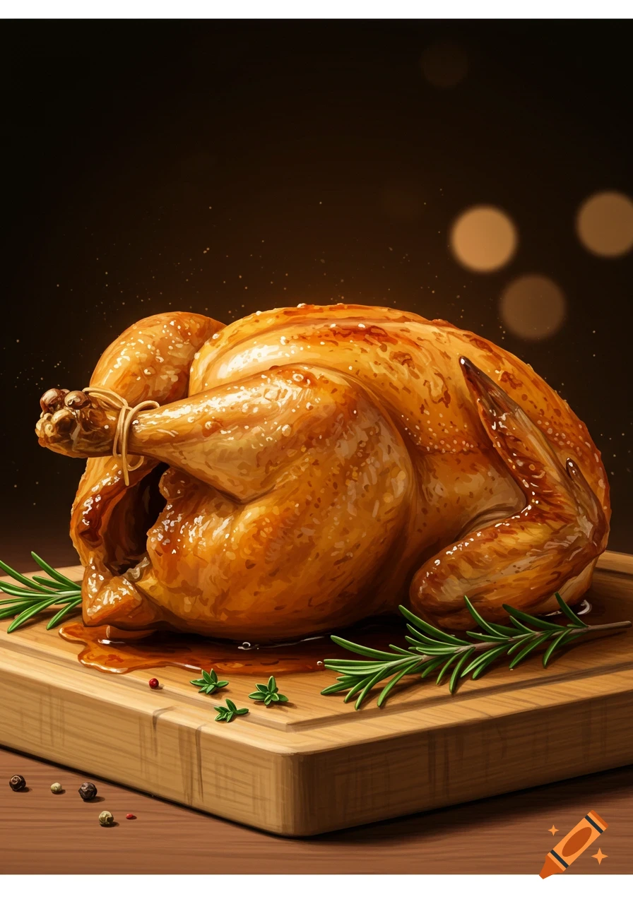 A golden brown roasted chicken rests on a wooden cutting board with gravy and herbs.