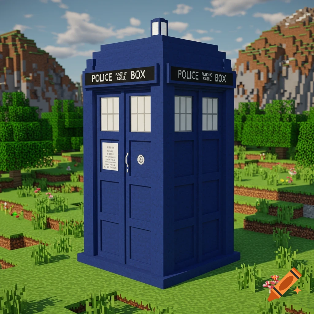 A blue TARDIS police box stands in a blocky Minecraft landscape with green grass, trees, and hills.