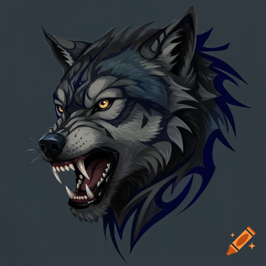 Vector illustration of a snarling wolf head with yellow eyes and tribal patterns.