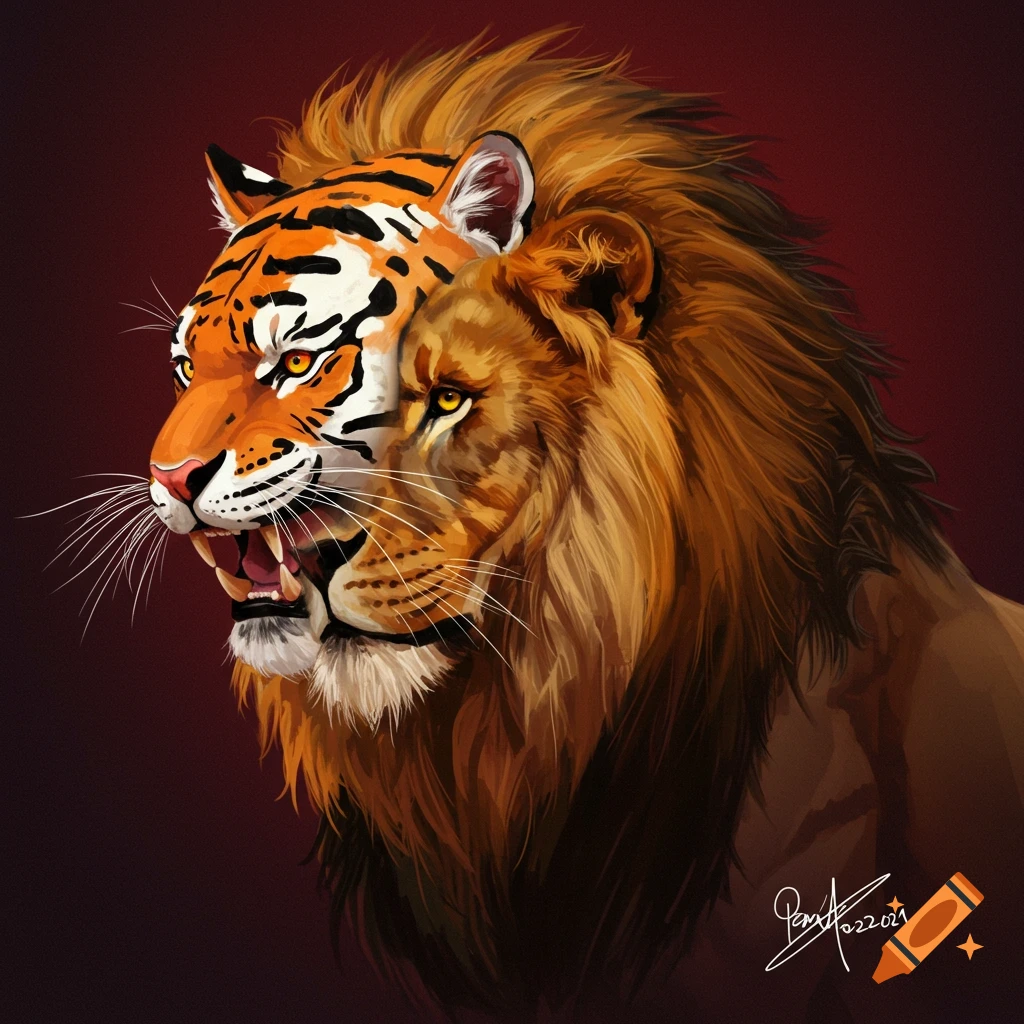 Stylized illustration of a composite creature with a tiger head and lion body.