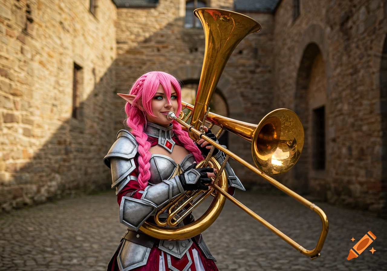 Woman in fantasy armor with pink braided hair and elf ears plays a large brass instrument in a stone castle courtyard.