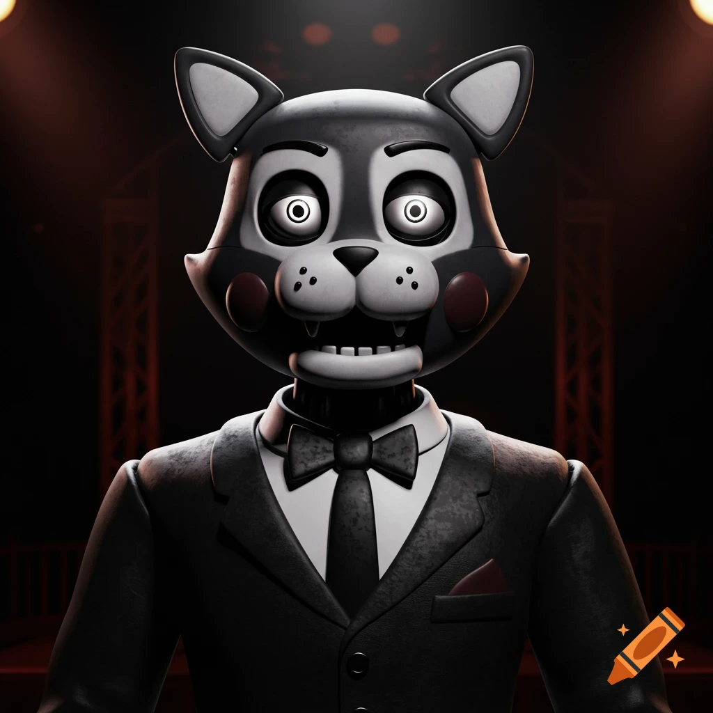 Animatronic cat in a tuxedo on a stage.