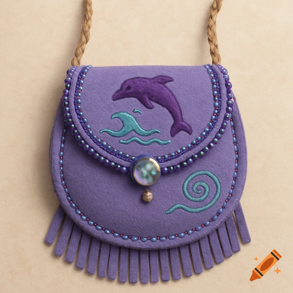 Purple felt bag with a stitched purple dolphin, blue waves, blue swirl, bead trim, fringe, and braided strap.
