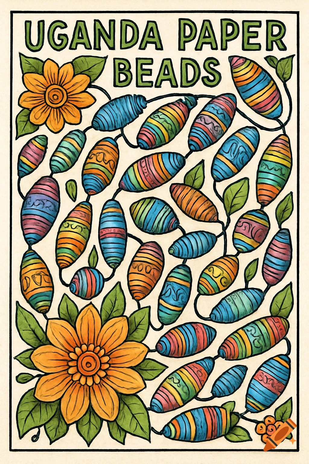 A coloring page illustration of colorful Uganda paper beads and flowers.