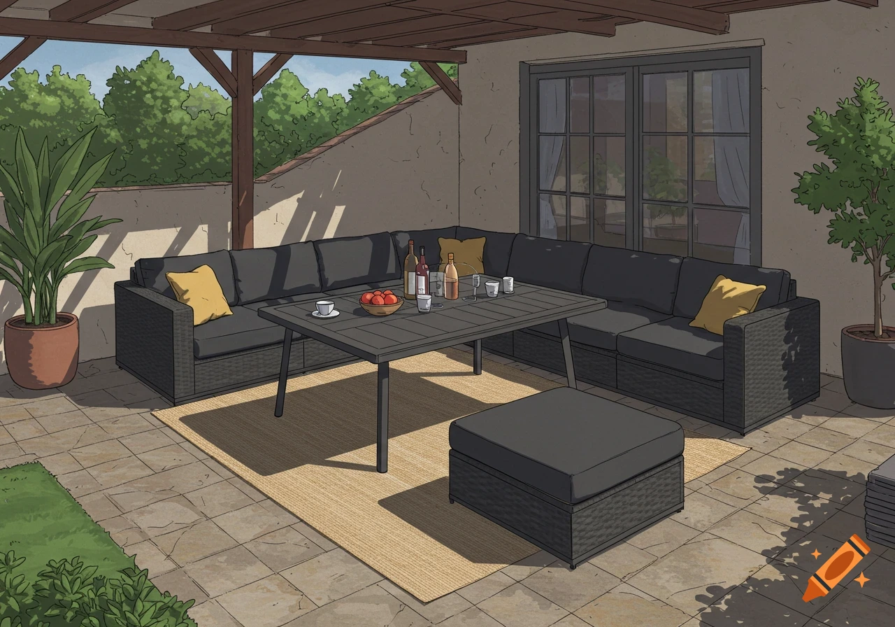 An illustrated patio with a dark gray L-shaped sofa set, table, and rug.