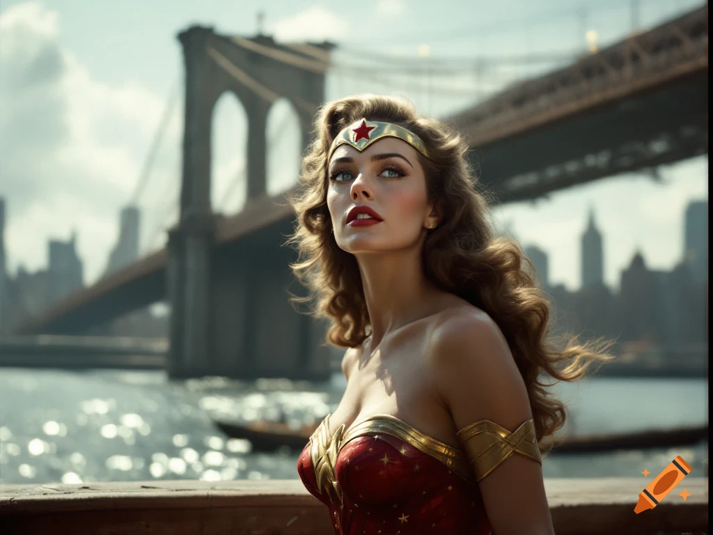 Lauren Bacall as Wonder Woman near the Brooklyn Bridge, vintage photo style