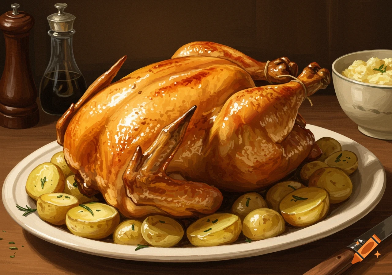 A roasted chicken on a white platter surrounded by potatoes, with sides of mashed potatoes and gravy in the background. The style is a warm, realistic illustration.