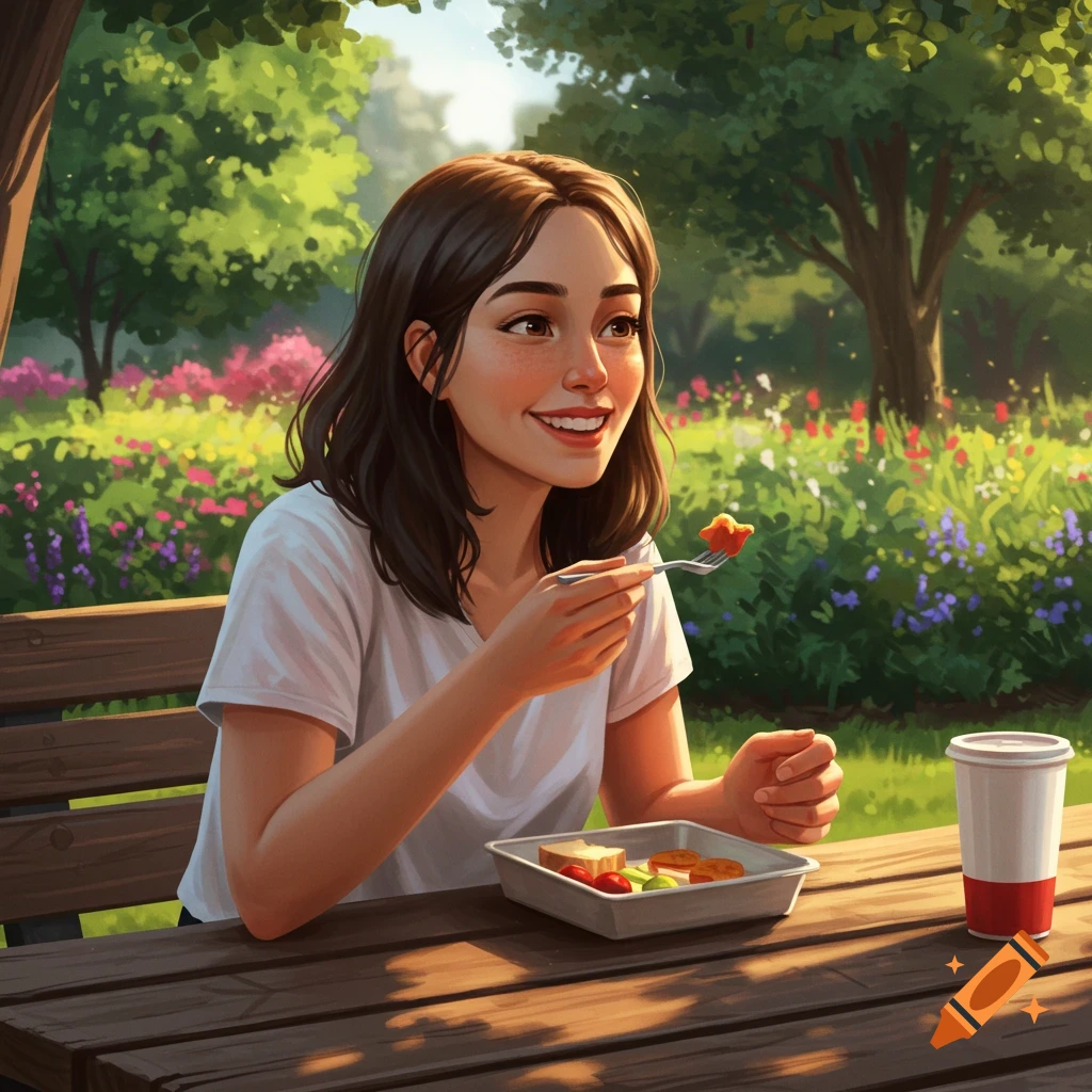 Digital illustration of a woman eating lunch at a picnic table in a park.