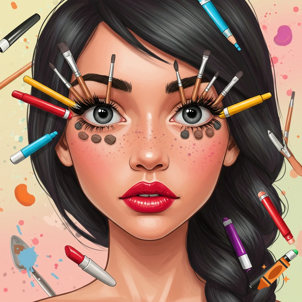 Illustration of a girl's face with makeup brushes and art supplies as facial features.