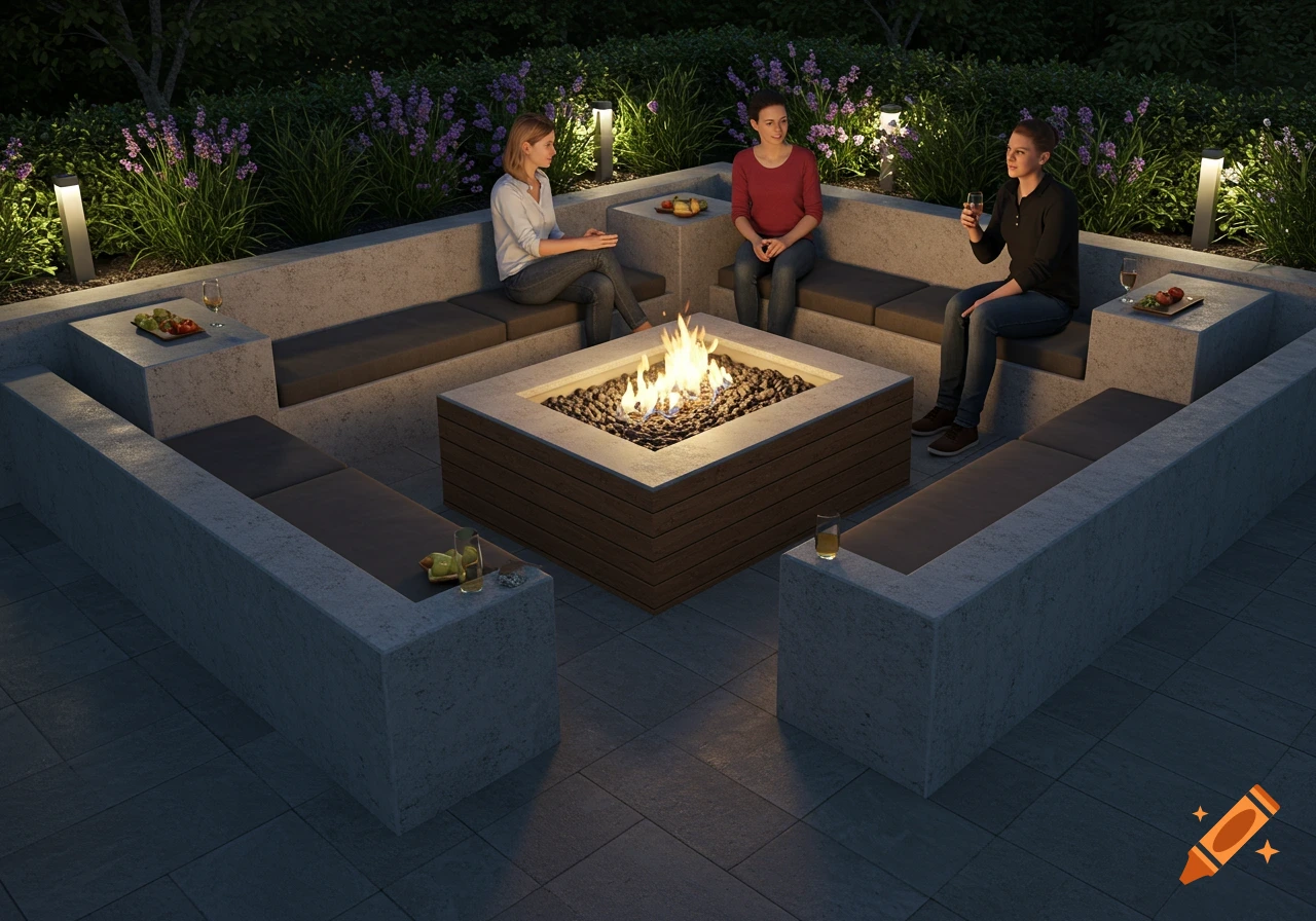 Three women sit around a sunken concrete fire pit with benches and side tables at night.