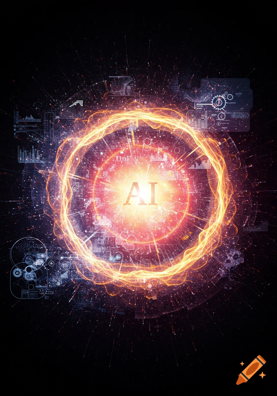 A glowing orange and red energy orb with "AI" in the center, surrounded by complex technological and data visualization elements on a dark background.