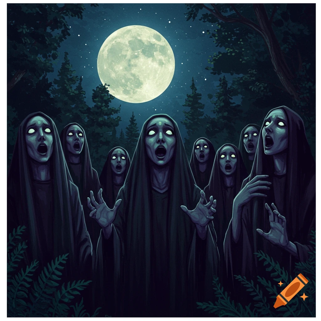 Creepy hooded figures with glowing eyes and open mouths stand in a forest at night under a full moon.