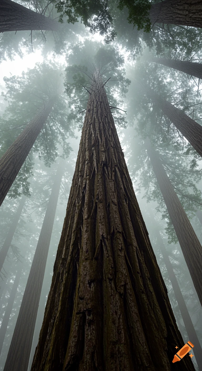 Looking up at towering redwood trees in a foggy forest.