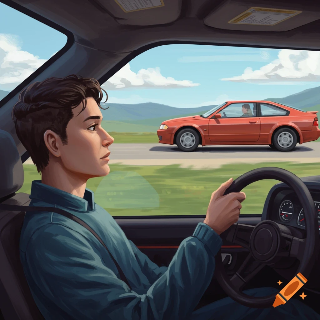 Man driving a car with another car in the background on a road.