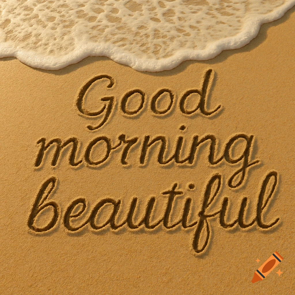 The words 'Good morning beautiful' written in the sand on a beach with a wave washing ashore.
