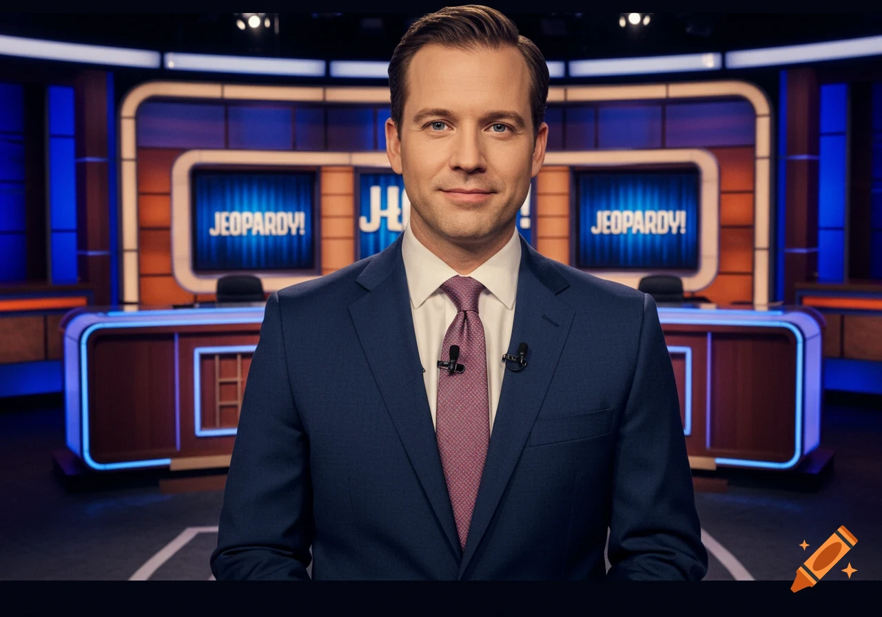 A man in a blue suit hosting the Jeopardy game show on a television studio set.