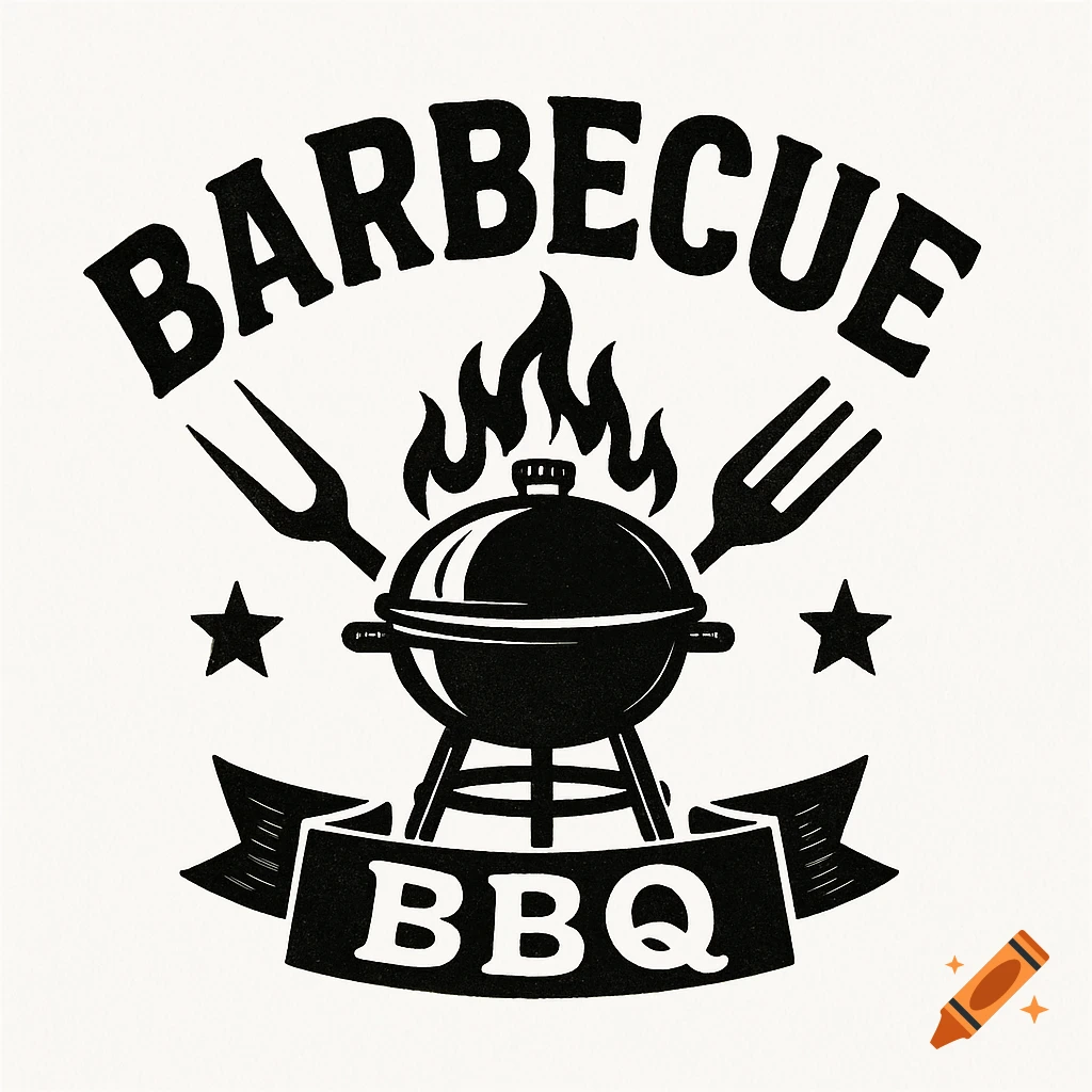 Black and white logo with a barbecue grill, flames, forks, and text BARBECUE BBQ