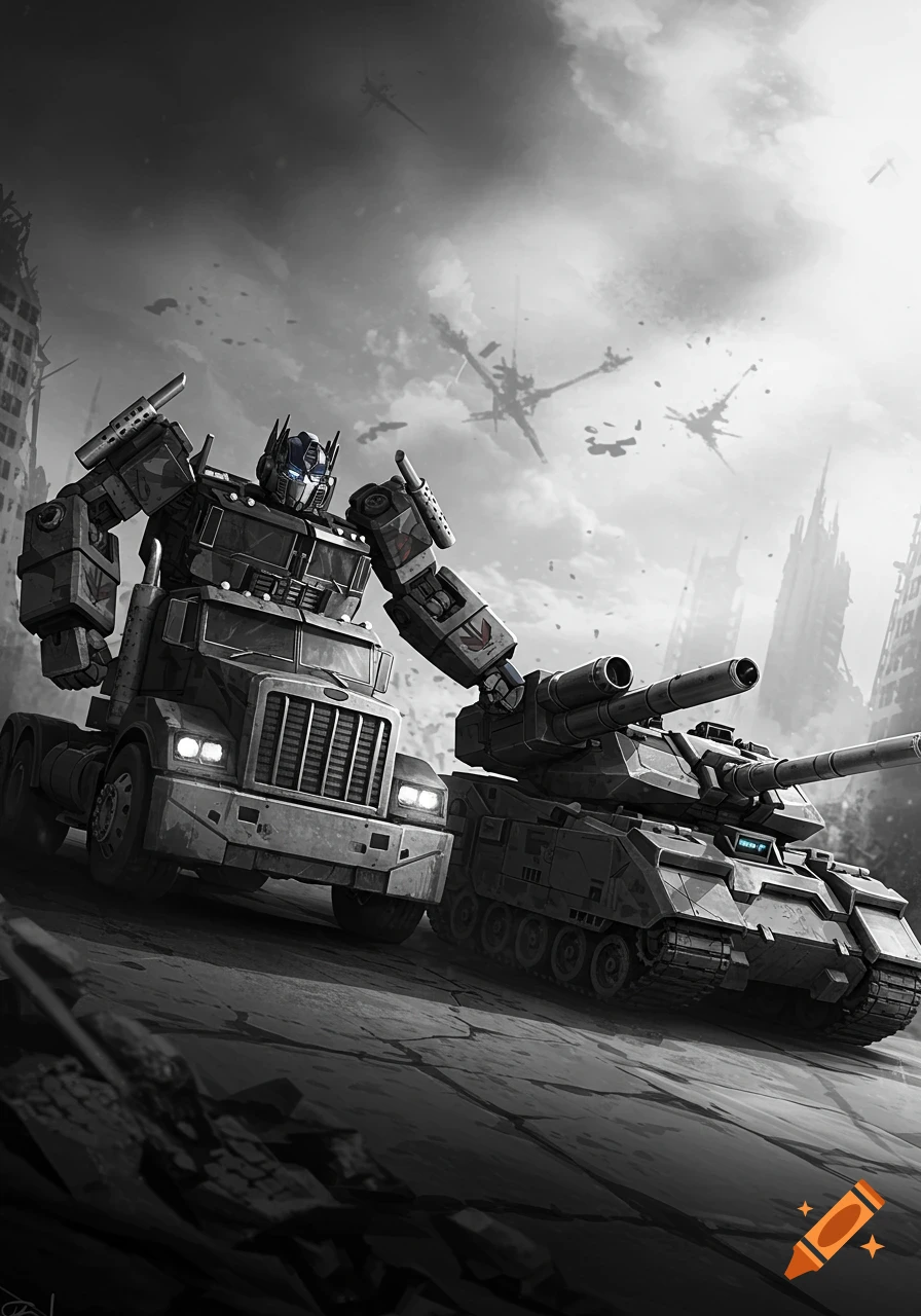 A black and white illustration of a truck-like robot standing next to a tank in a ruined city.
