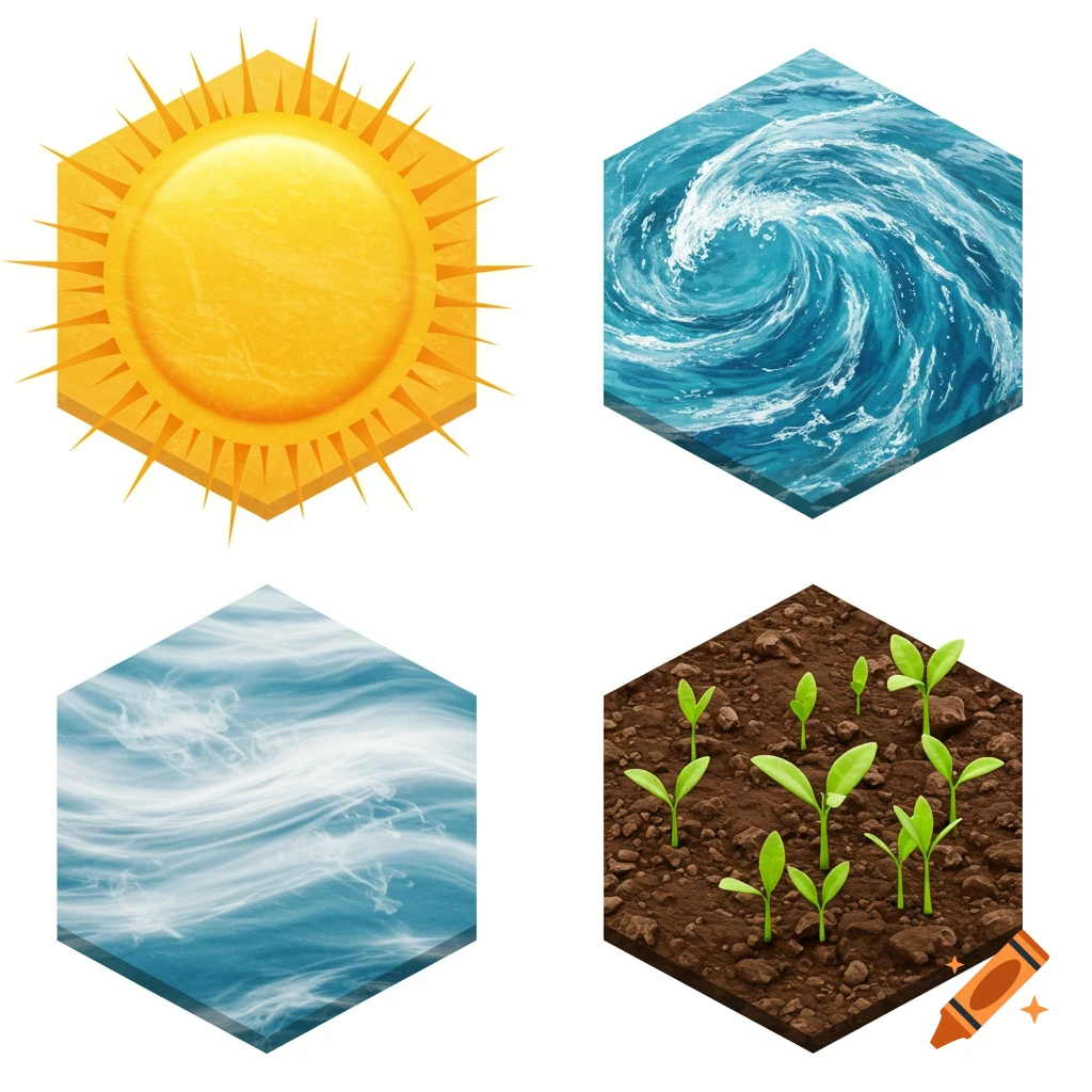 Four hexagonal tiles depicting stylized symbols for sun, water, air, and earth.