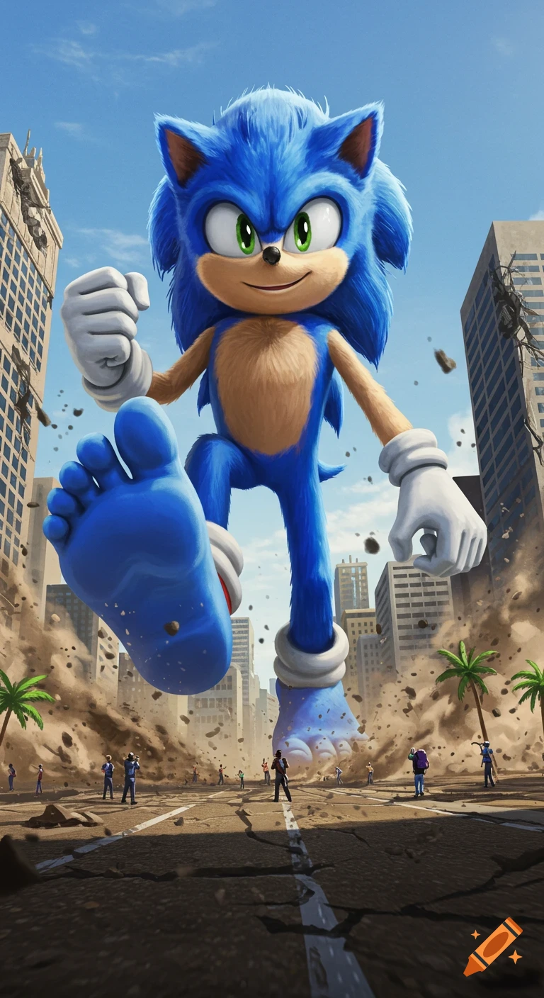 Giant Sonic the Hedgehog stomps through a city street, towering over tiny people below.