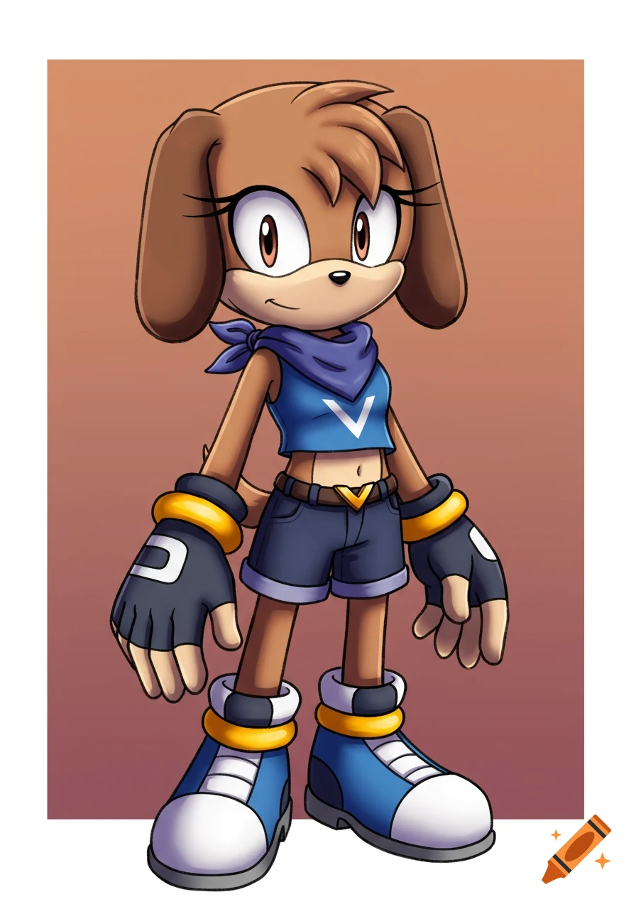 Full body anime style drawing of a female dog character wearing a blue crop top and shorts.