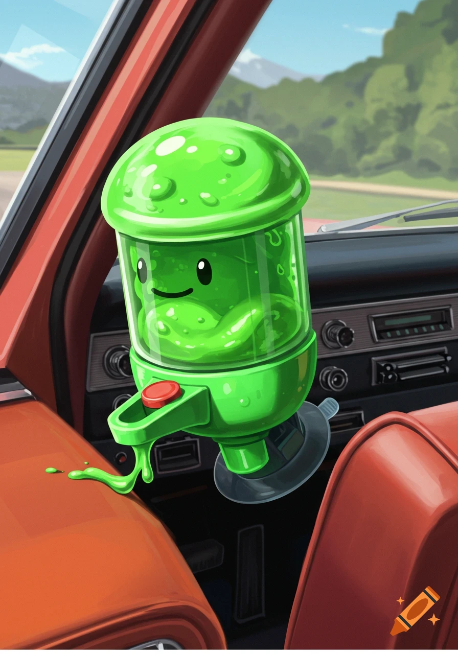 Cartoon illustration of a green slime dispenser with a face mounted on the dashboard of a car, dripping slime.