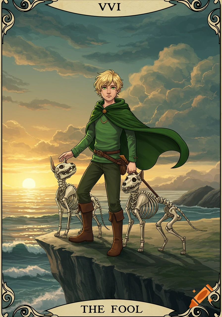 An illustration of a young man in a green cloak standing on a cliff edge with two skeleton dogs at sunset, framed like a tarot card.