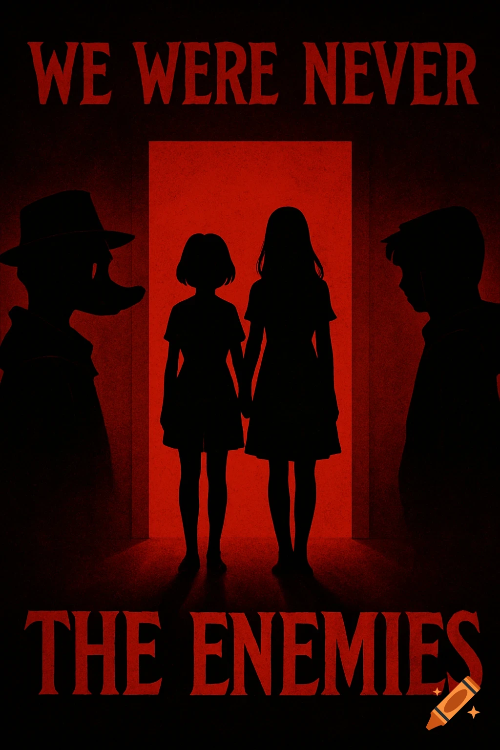 Silhouettes of two girls in a red doorway with other character silhouettes and text 'WE WERE NEVER THE ENEMIES'.
