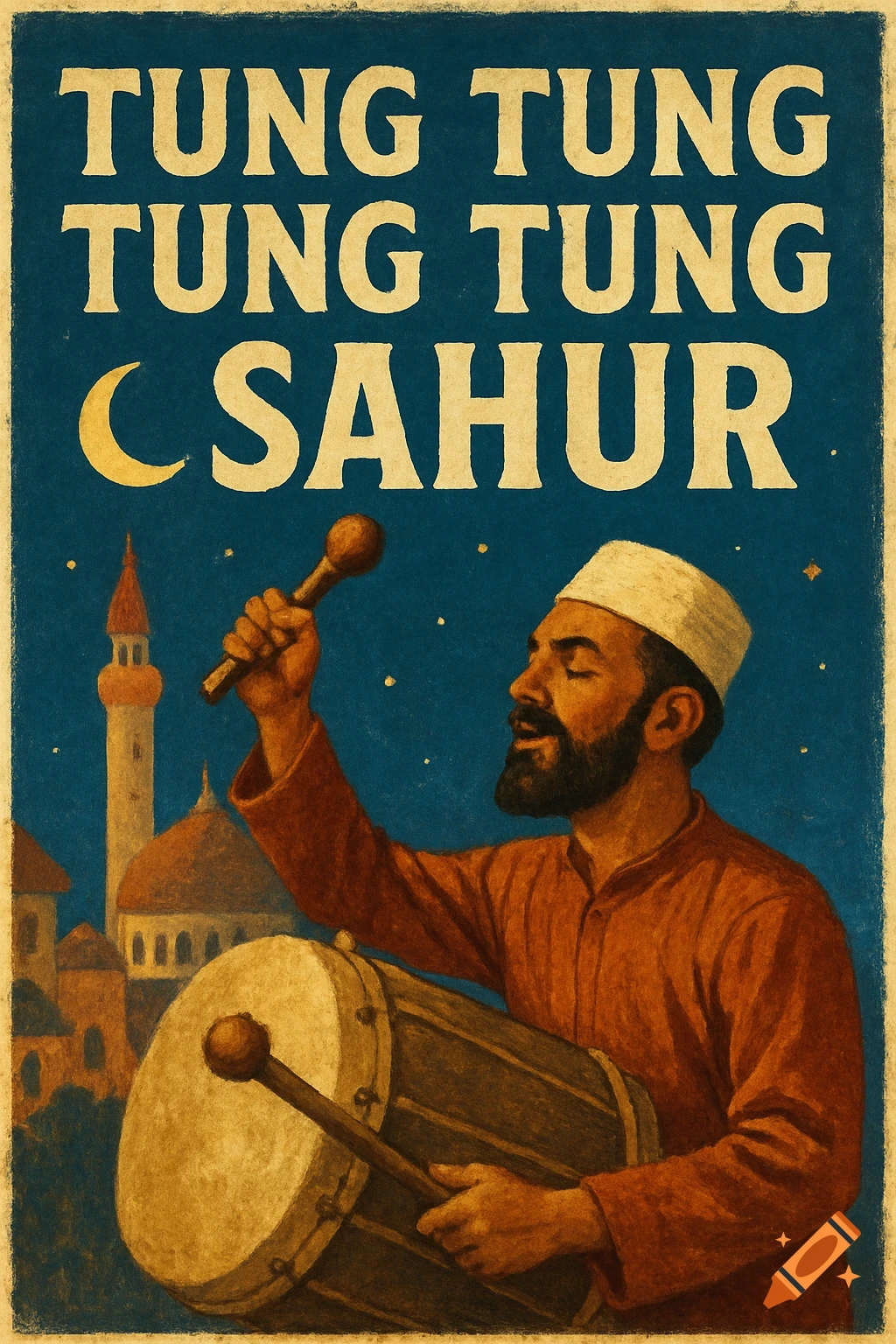 Vintage poster of a man playing a drum with a mosque in the background under a moon and stars. Text reads "Tung Tung Tung Tung Tung Sahur".