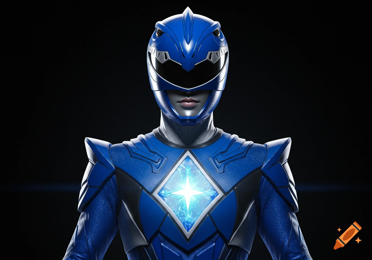 A close-up portrait of a blue Power Ranger in suit and helmet with a sparkling chest symbol.