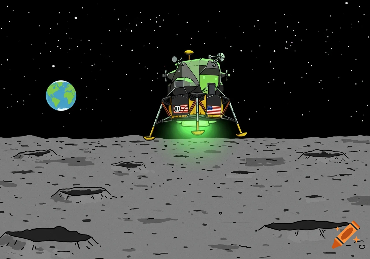Cartoon illustration of the Apollo lunar module landing on the moon, with Earth visible in the background.