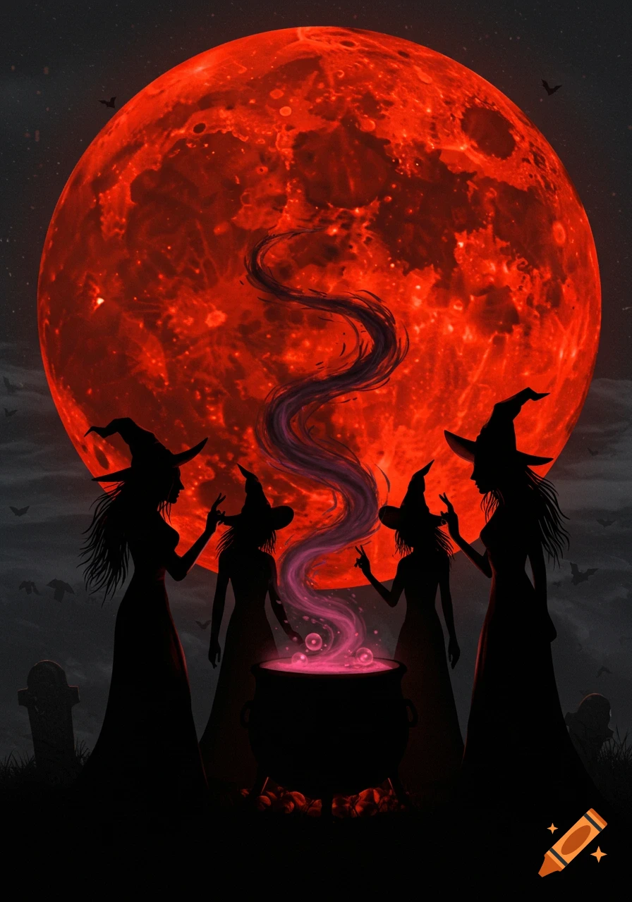Silhouettes of four witches around a bubbling cauldron in front of a large red full moon with bats flying.
