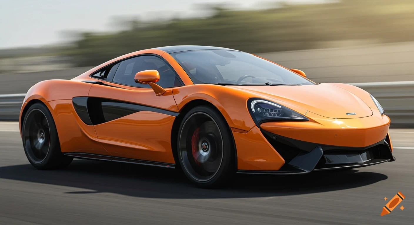 Orange McLaren sports car driving on a track with motion blur.