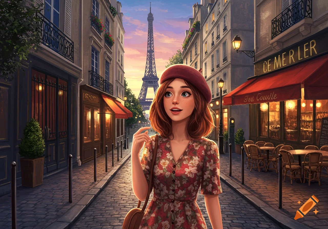 A stylized illustration of a woman walking on a cobbled street in Paris with the Eiffel Tower in the background.