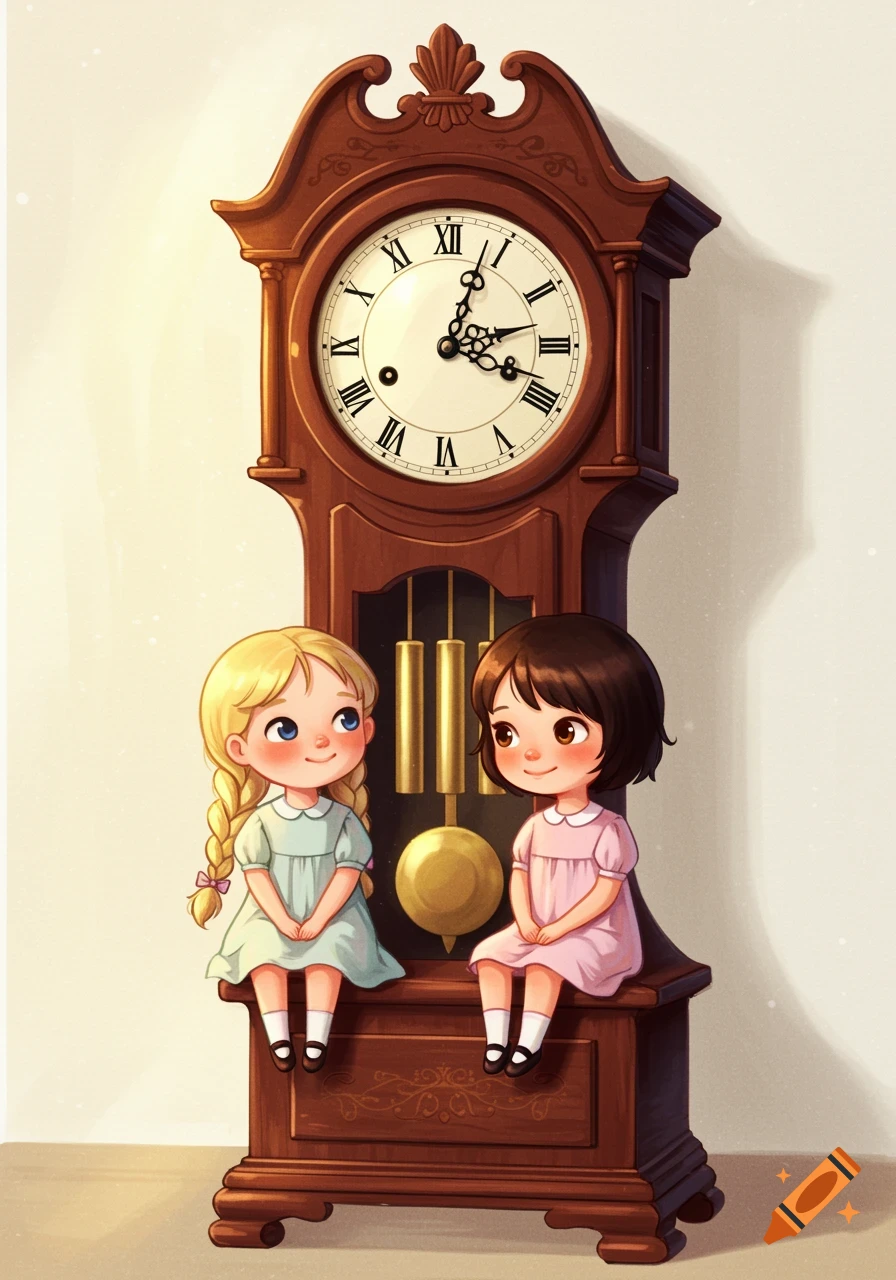 Two young girls sit on a large grandfather clock, illustration style.