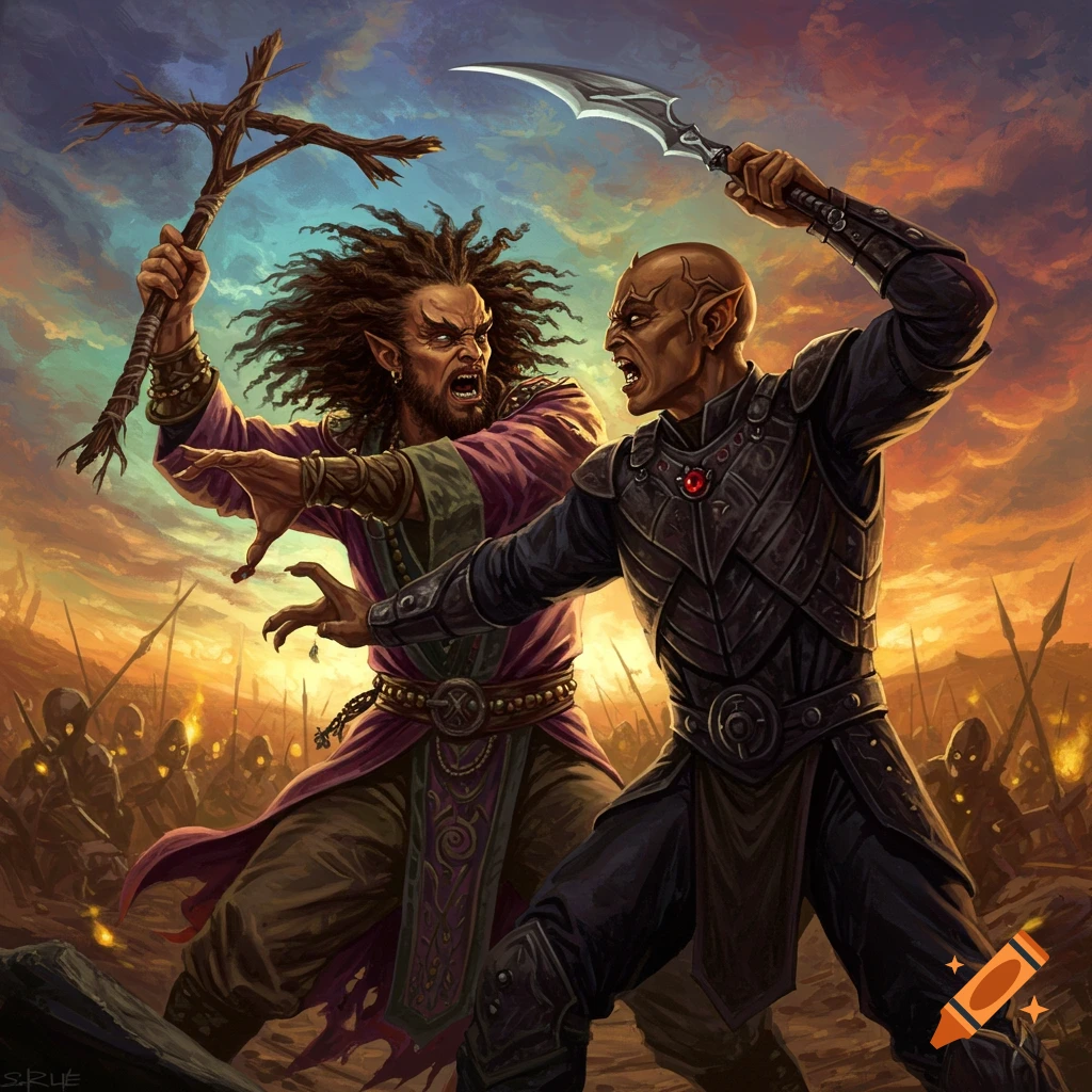 Two fantasy warriors, one with a staff and the other with a curved blade, duel amidst a battlefield.