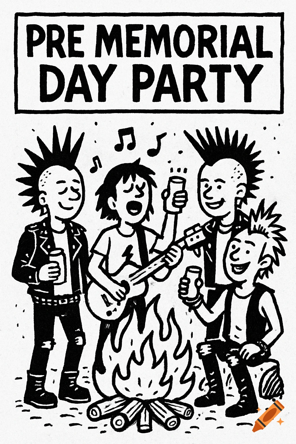 Black and white cartoon of punk rockers at a bonfire party with 'PRE MEMORIAL DAY PARTY' text.