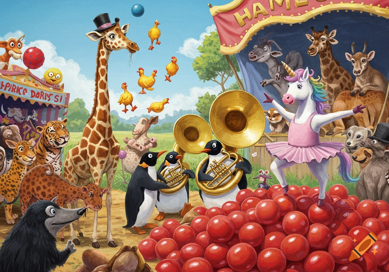 Cartoon animals perform at a circus: a giraffe in a hat, penguins playing tubas, a unicorn ballet dancer, and other animals watch.
