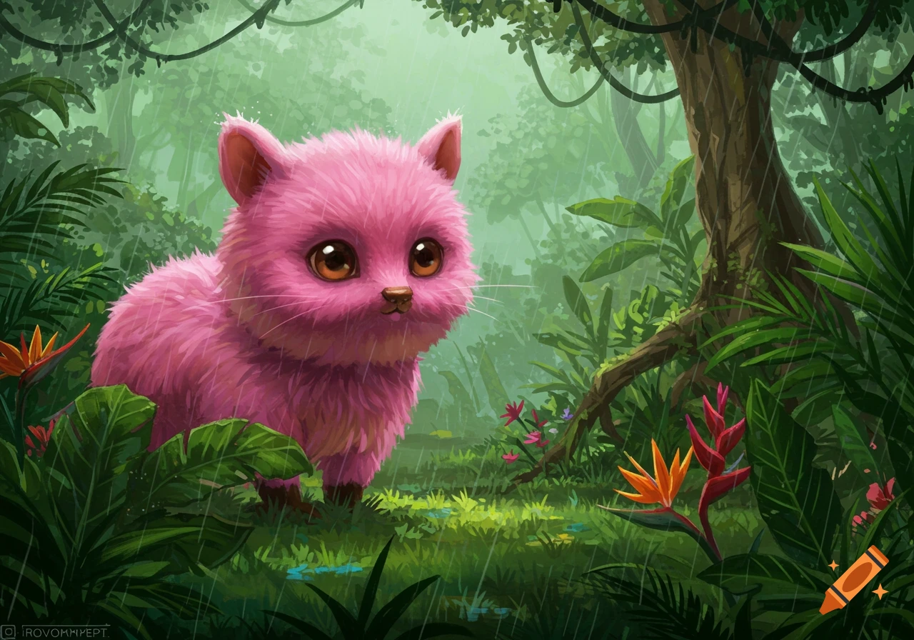 A fluffy pink kitten-like creature with big brown eyes sits in a lush, raining tropical rainforest.
