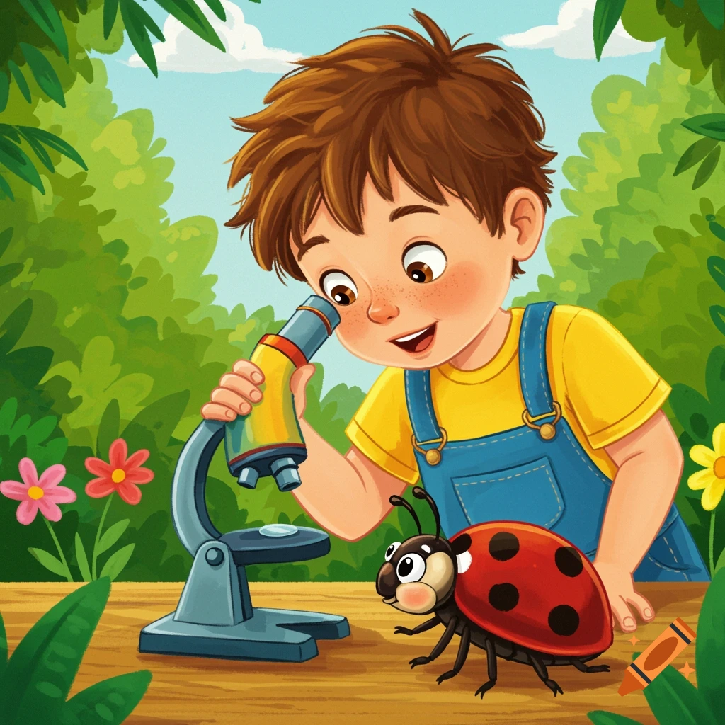 Children's book illustration of a boy looking at a ladybug through a microscope in a garden.