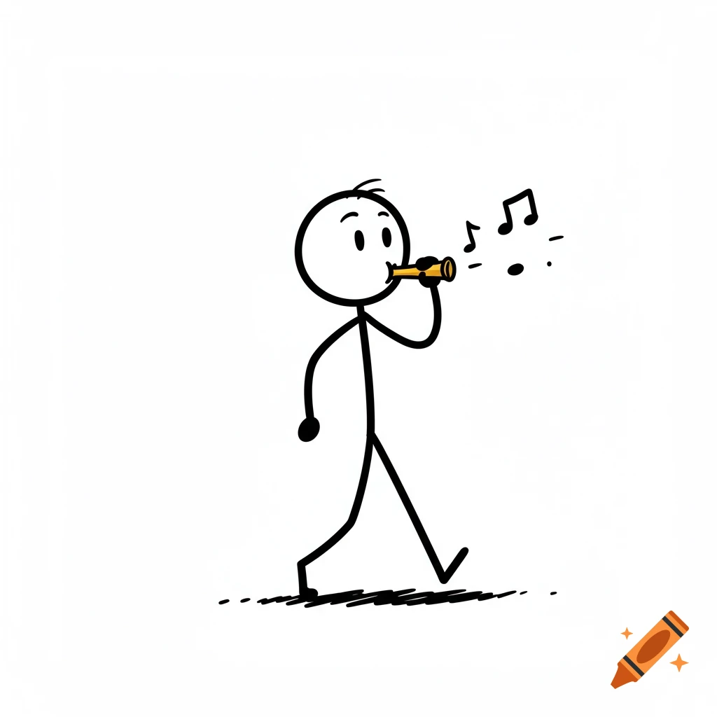 A stick figure walks while whistling, with musical notes.