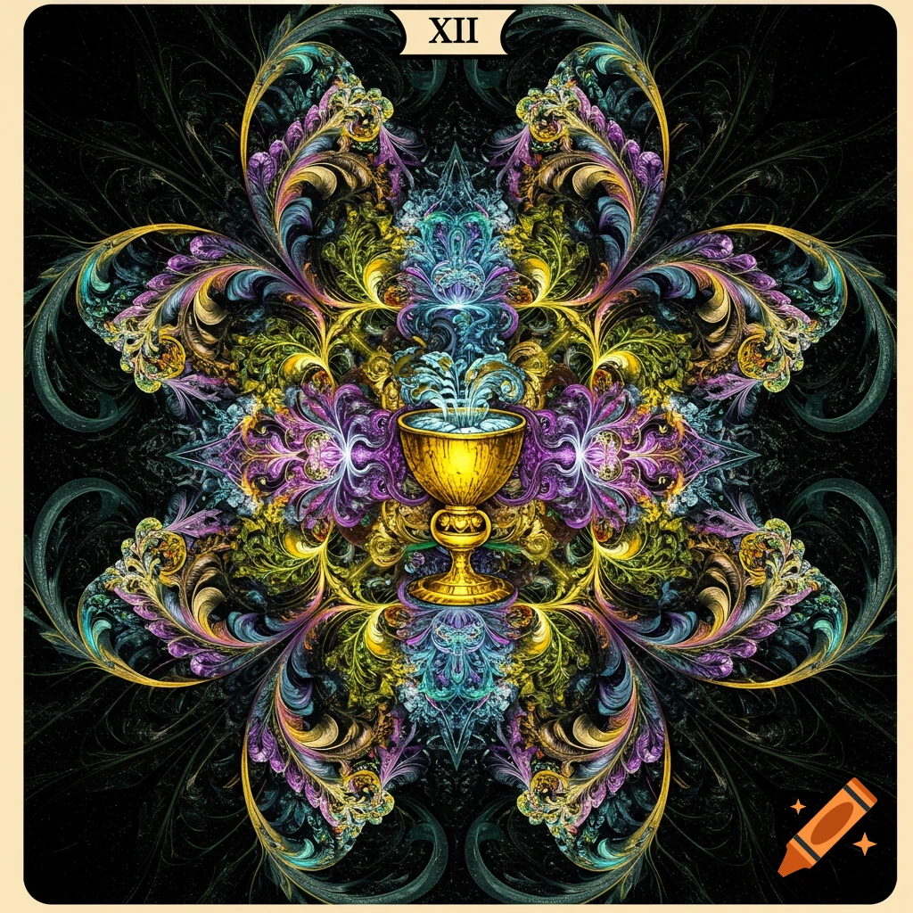 A symmetrical fractal design resembling a Tarot card, featuring a golden chalice and elaborate swirling patterns in multiple colors. The number XII is at the top.