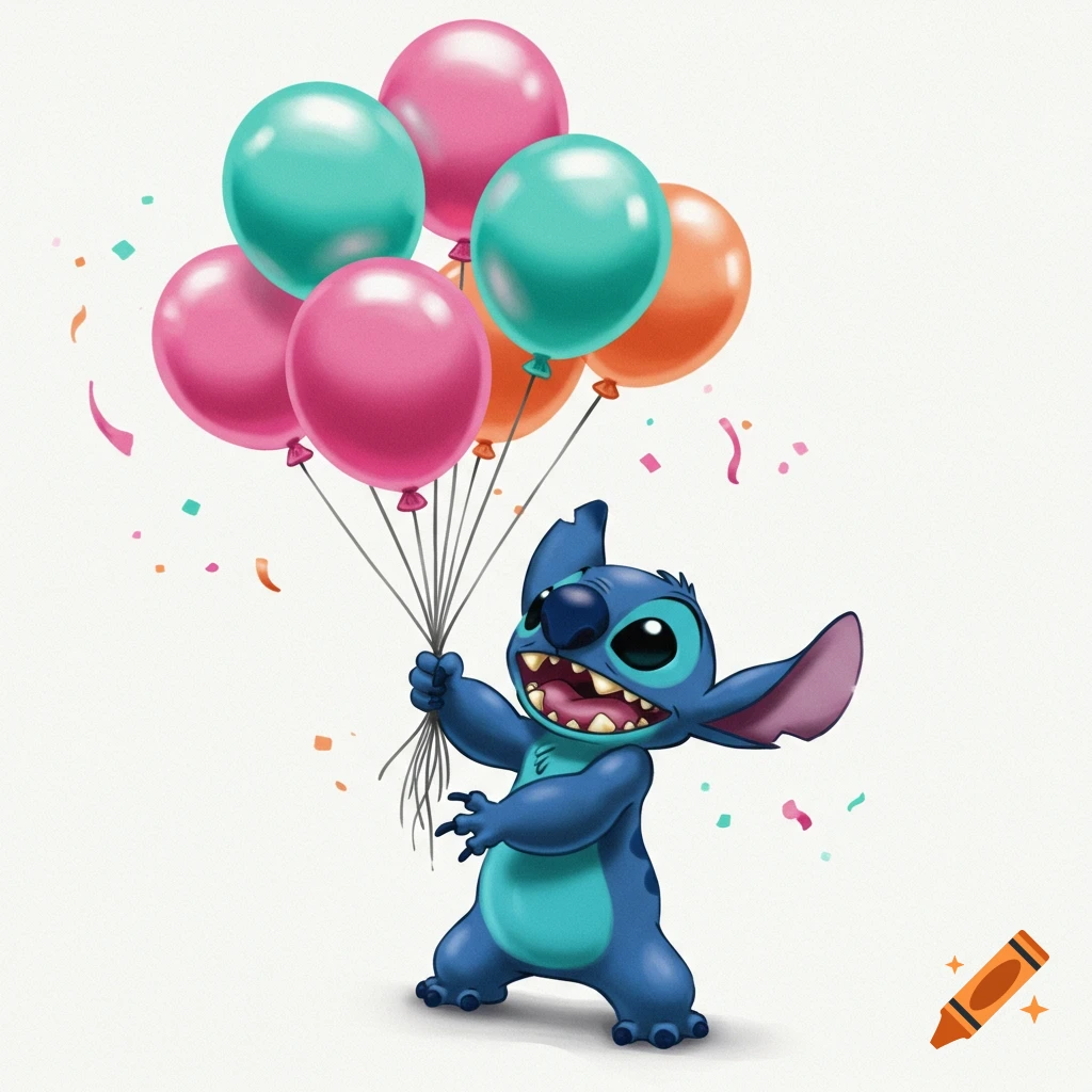 Cartoon character Stitch holding a bunch of colorful balloons on a white background with confetti.