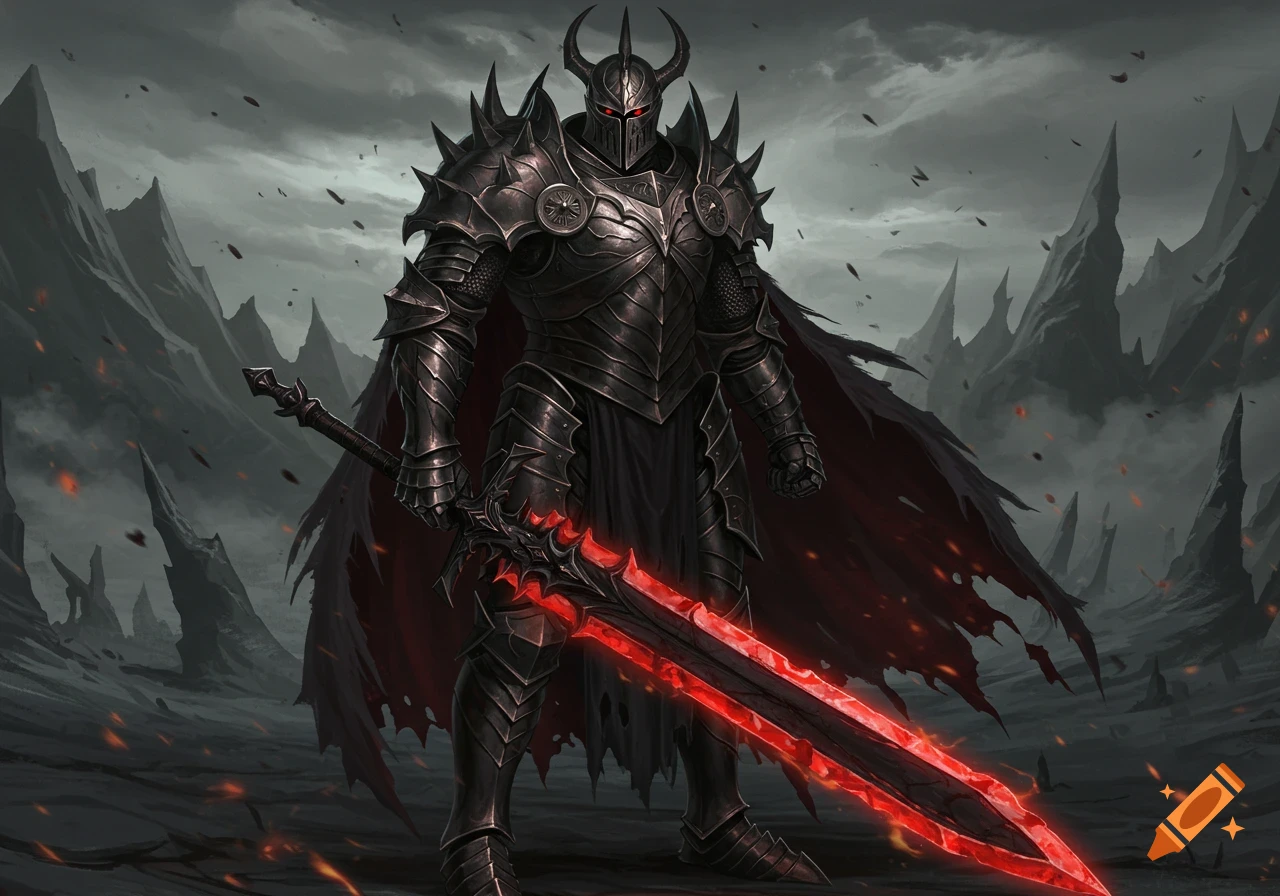 A menacing knight in dark spiked armor holds a glowing red greatsword in a desolate, rocky landscape.