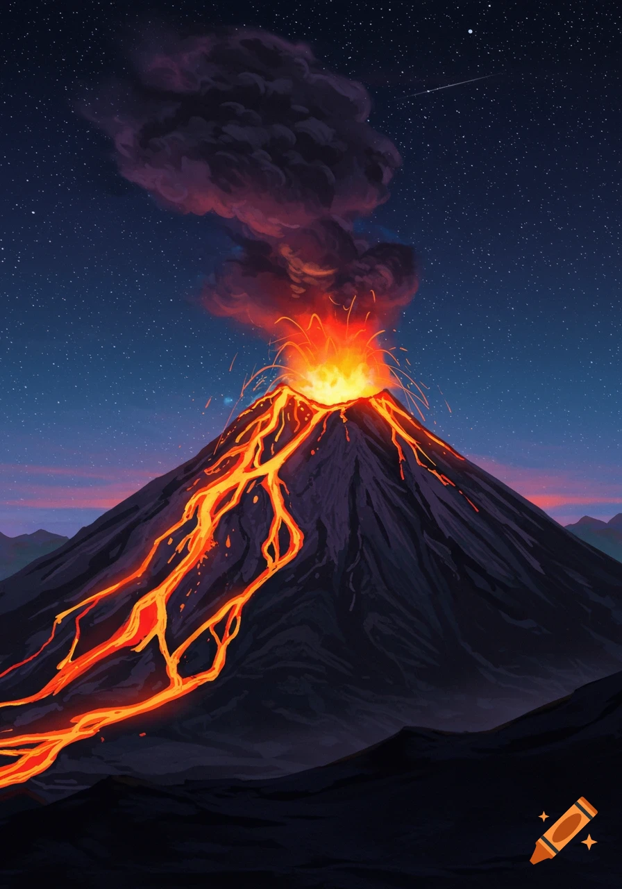 A volcano erupts at night, with bright lava flowing down its slopes and smoke rising against a starry sky.