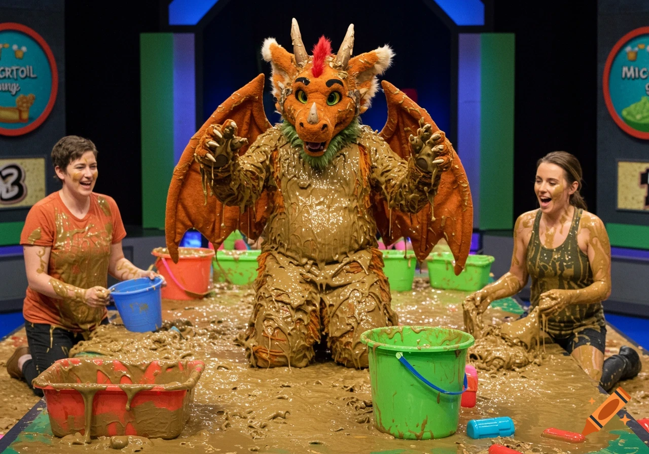 People and a dragon fursuit covered in mud and slime on a game show set with buckets.