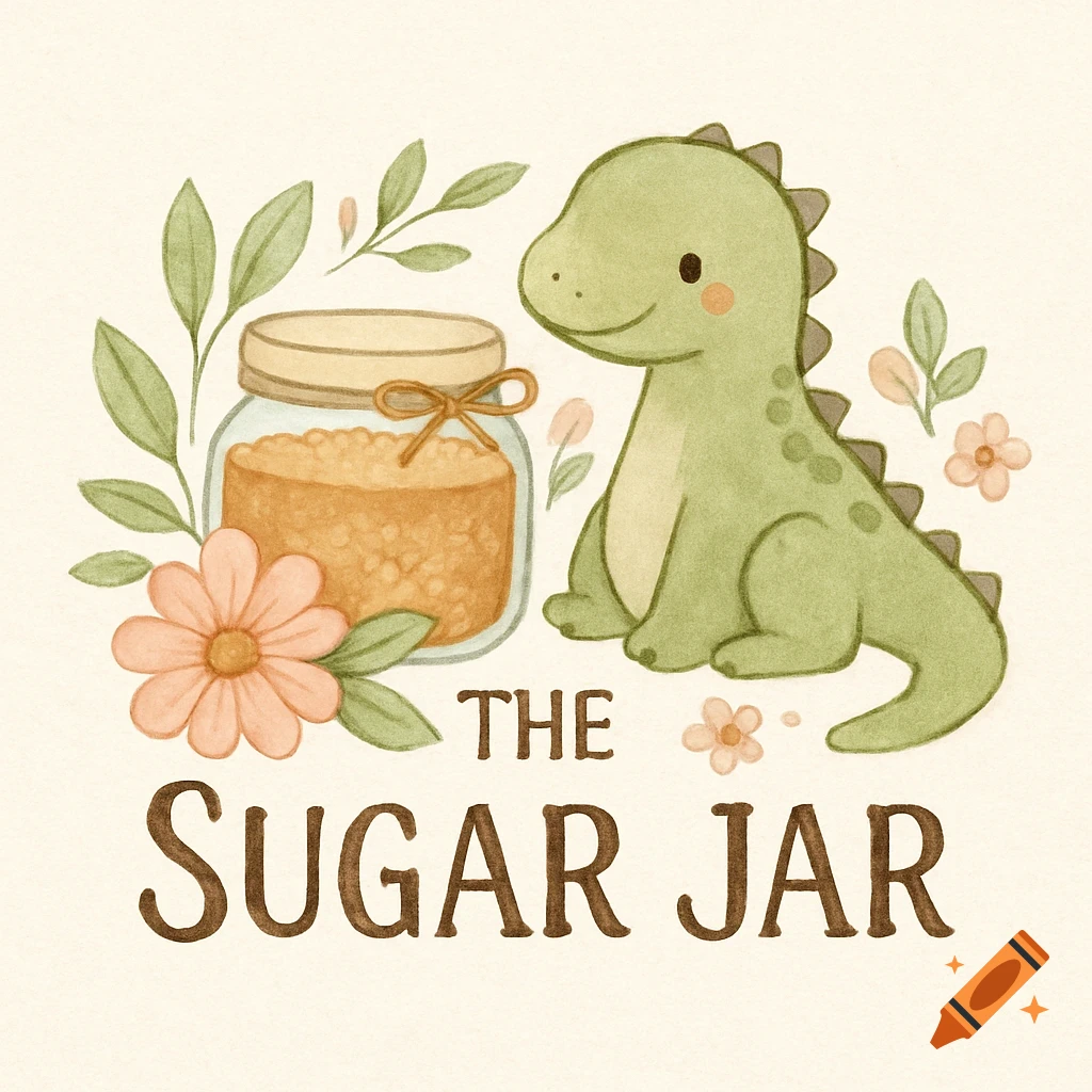 Cute watercolor illustration of a green dinosaur next to a jar of sugar, surrounded by flowers and leaves, with the text "THE SUGAR JAR".